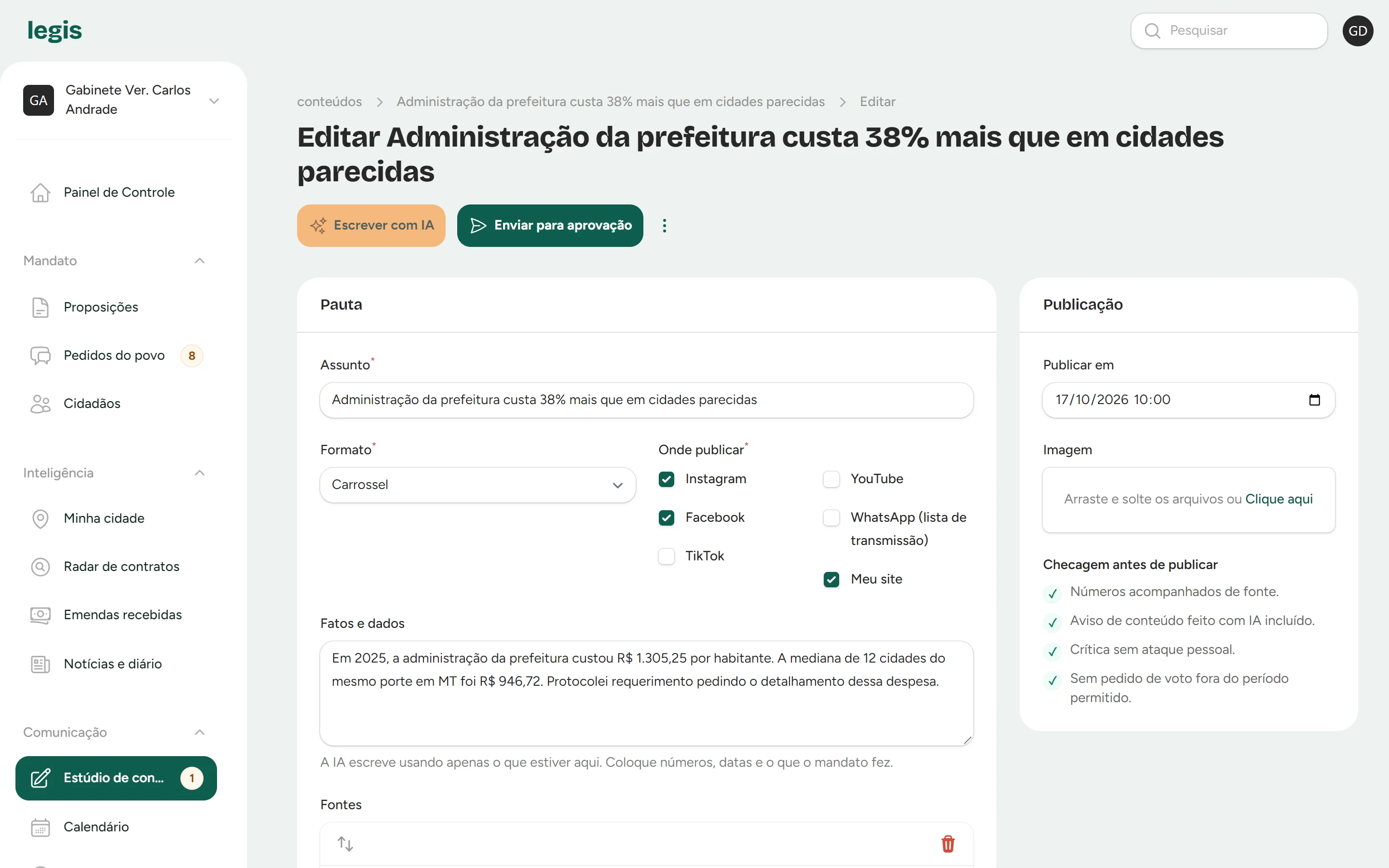 Tela do Estúdio de conteúdo com o texto do post, canais de publicação e a checagem antes de publicar